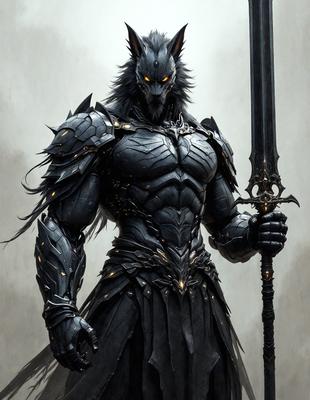 The primary subject of the image is a man dressed in a black armor, holding a sword. The setting is a gray background, which adds to the overall mood of the scene. The visual style is a digital art or illustration, showcasing the intricate details of the armor and the sword. The colors are predominantly black, with some grays and possibly other darker tones, creating a dramatic and intense atmosphere.